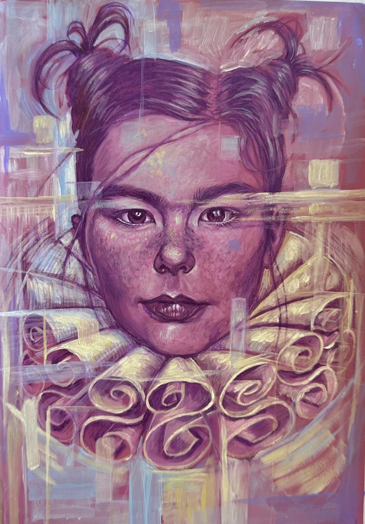 Bjork 1, Watercolor pencil and acrylic on color aid paper 6" x 9"