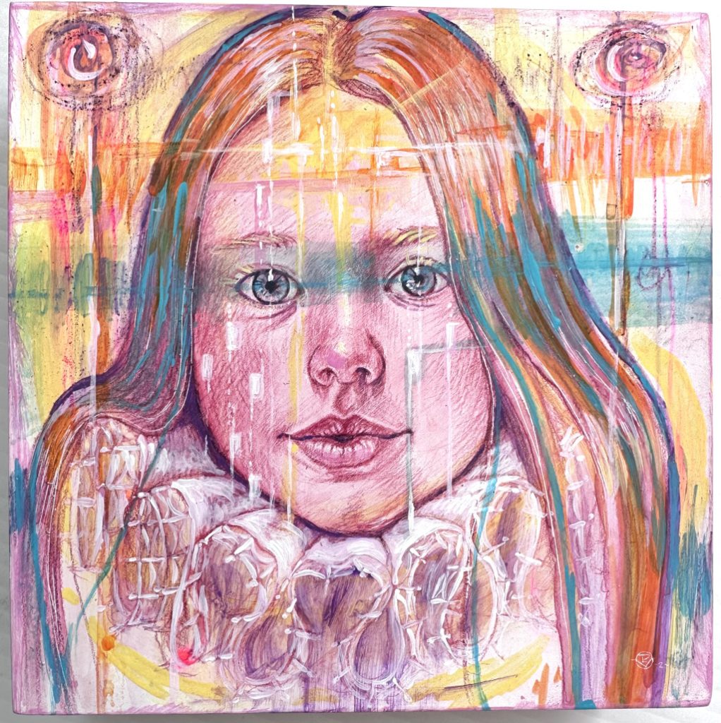 Galaxy Ginger, Watercolor Pencil and Acrylic on cradled clay board panel  6" x 6"