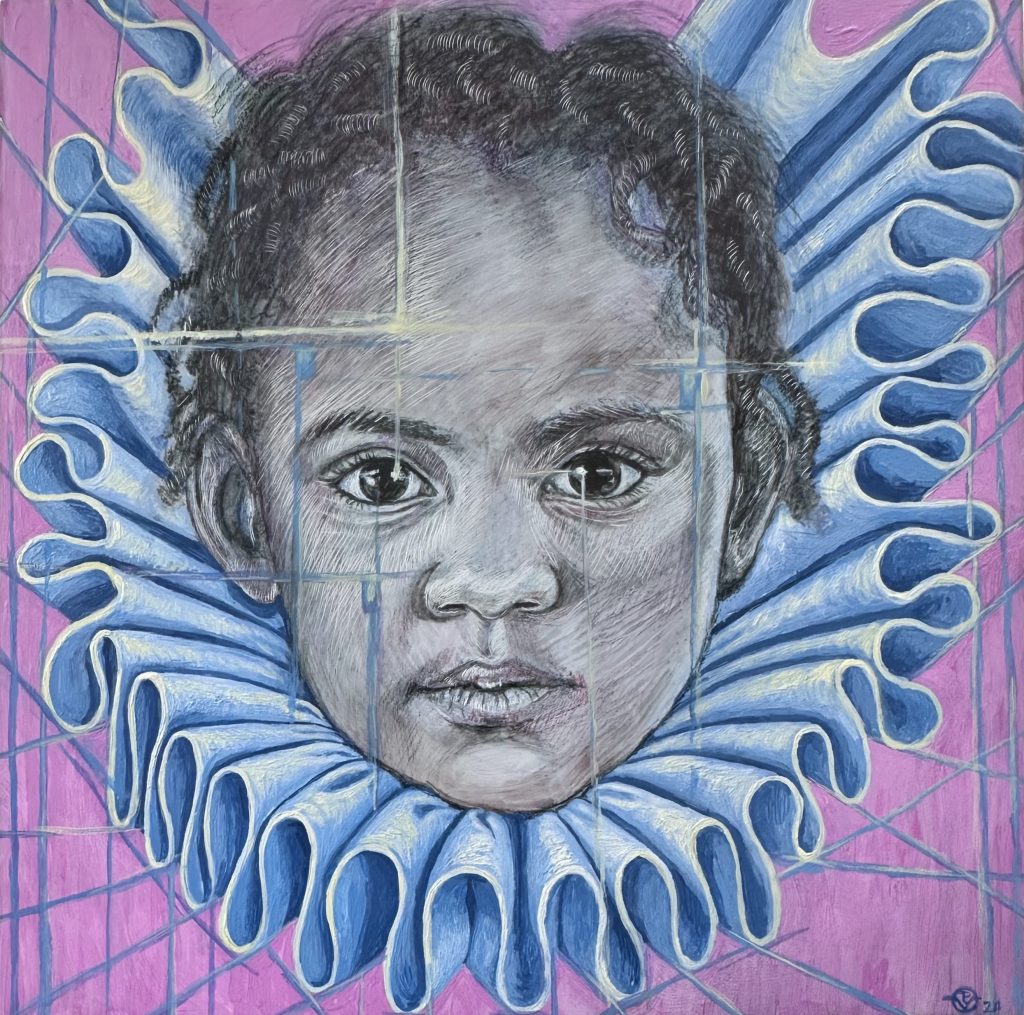 Unravel 1, watercolor pencil and acrylic on cradled clay board panel, 6" x 6"