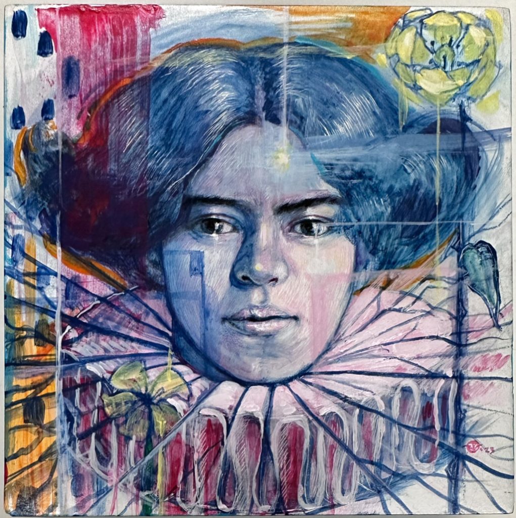 Young Frida 1, Watercolor Pencil and Acrylic on cradled Clay Board Panel 6" x 6"