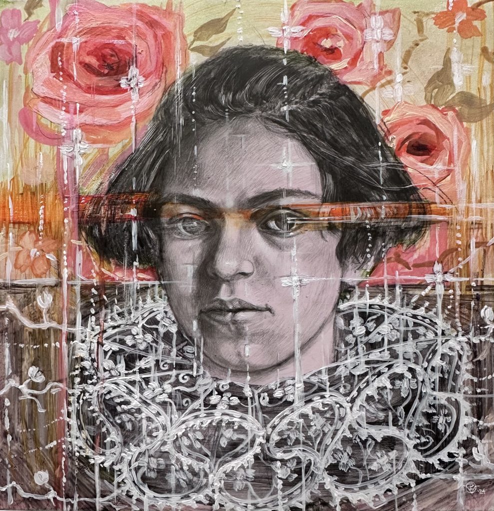 Young Frida 2, graphite and gouache on cradled clay board panel, 8" x 8"